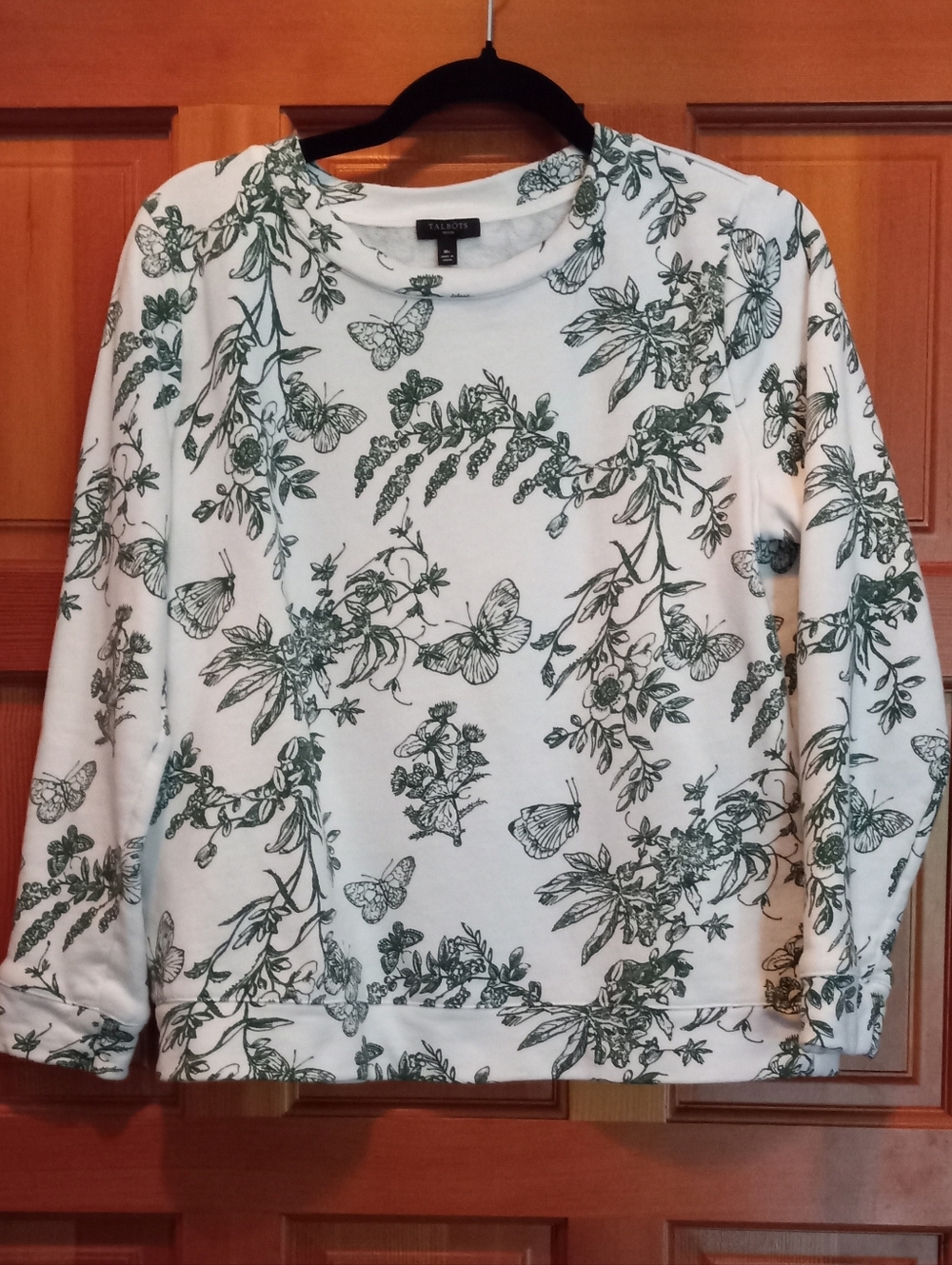 Talbots White Sweatshirt with Green Botanical & Butterfly Sketch Print